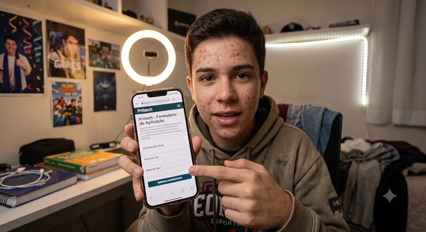 Jovem streamer segurando o celular animado com o formulário de candidatura da Pritech