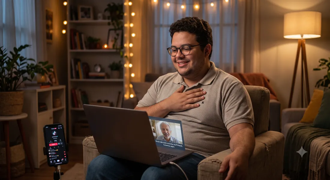 Mentor da Pritech em videochamada oferecendo apoio emocional a um streamer
