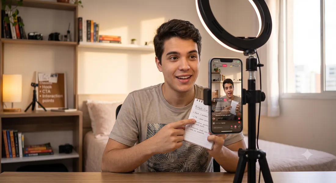 Streamer analisando roteiro e dicas de live com anotações de hook e call to action