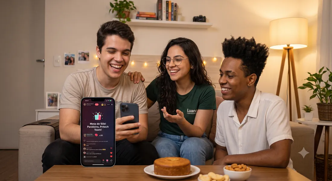 Grupo de streamers da Pritech comemorando uma meta alcançada juntos