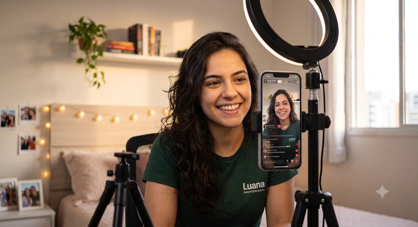Streamer fazendo live de entretenimento no TikTok direto do quarto, com celular e ring light simples